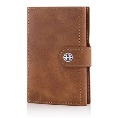 Image of Trusador Venice Men &amp; Women Trifold Wallets Genuine Leather RFID Blocking Slim Wallet, Cognac Vintage, Without Coin Pocket