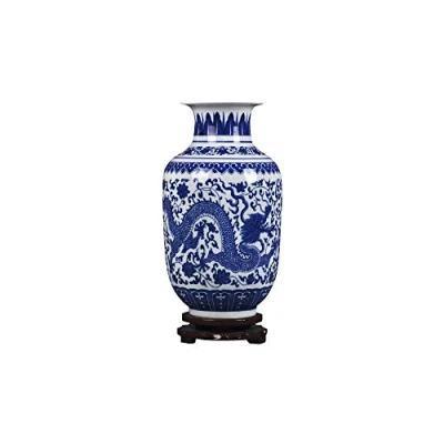 Image of fanquare Jingdezhen Blue and White Porcelain Flower Vase, Small Handmade Dragon Ceramic Decorative Height 30cm