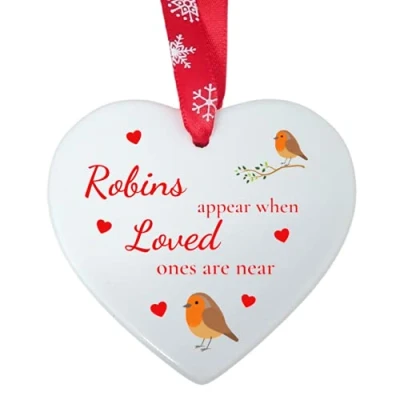 Image of Second Ave Robins Appear When Loved Ones are Near White Ceramic Hanging Heart Christmas Xmas Tree Decoration Bauble