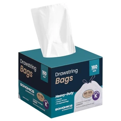 Image of SONGMICS Bin Bags, 50 L Rubbish Bags with Drawstrings, 80 Pieces, Liner Code K, Heavy Duty, Quick Dispense Box, Cream White KRB051A02
