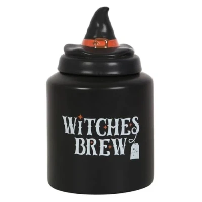 Image of Something Different Witchy Canister: Witches Brew Ceramic Tea Canister Teabag Holder &amp; Storage Container with Witch Hat Design
