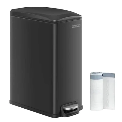 Image of SONGMICS Kitchen Bin 48L, Slim Pedal for Narrow Spaces, Rubbish and Waste with Soft Close Lid Inner Bucket, Steel, 15 Bags Included, Black LTB510B4802