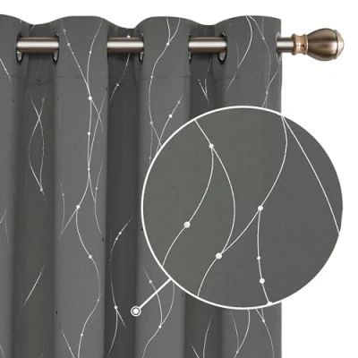 Image of Deconovo Foil Printed Dot Line Blackout Curtains 52 x 63 Inch Thermal Insulated Energy Saving Eyelet Room Darkening for Bedroom Light Grey 2 Panels