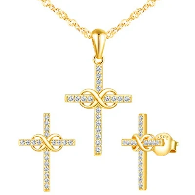 Image of Yumilok Christian Jewelry Set 925 Sterling Silver Infinity Cross Stud Earrings Necklace
