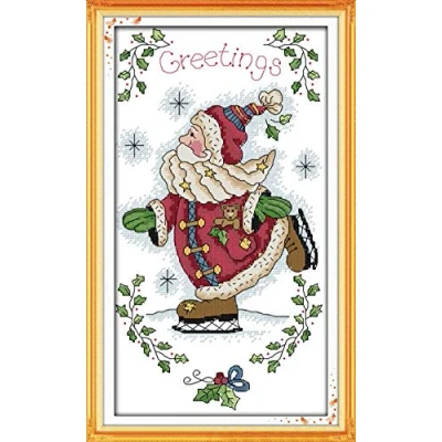 Image of Awesocrafts Cross Stitch Kits, Santa Claus Skating Christmas Easy Patterns Stitching Embroidery Kit Supplies Gifts, Stamped or Counted (Santa Claus, Stamped)