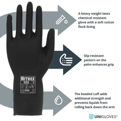 Image of NITREX 680 Chemical Resistant Safety Gloves, Bag of 10 Pairs Flock Lined Latex Gauntlet Gloves in Black, Size 8
