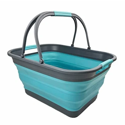 Image of SAMMART 29L Collapsible Tub with Handle Portable Outdoor Picnic Basket/Crater Foldable Shopping Bag Space Saving Storage Container (Grey/Crystal Blue)