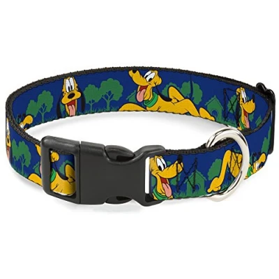 Image of Buckle Down &quot;Pluto 4 Poses/Landscape Plastic Clip Collar, Blue/Green, 1&quot; Wide Fits 15 26&quot; Neck Large