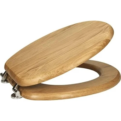 Image of BAYSTONE Oak Wooden Bathroom Toilet Seat Bottom Fitting Chrome Hinges Fixings Included