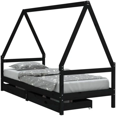 Image of vidaXL Kids Bed Frame in Black, Constructed from Solid Pine Wood with Built Storage Drawers, House Style Design, Suitable for Children and Toddlers