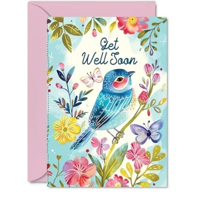 Image of Get Well Soon Cards Floral Blue Bird Butterfly Speedy Recovery Card, 5x7 Inch Flowers Operation Greeting