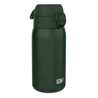 Image of Ion8 Kids Water Bottle, Steel 400 ml/13 oz, Leak Proof, Easy to Open, Secure Lock, Dishwasher Safe, Flip Cover, Carry Handle, Clean, Durable, Metal Carbon Neutral, Dark Green