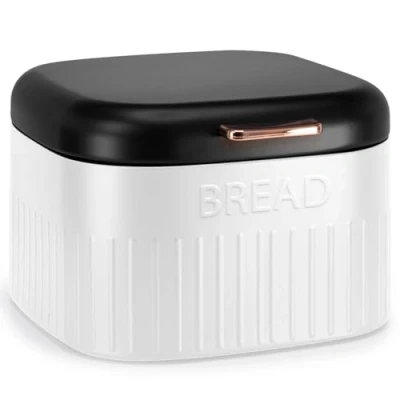 Image of EHC Large Metal Bread Box Bin, Kitchen Storage For Countertop With Hinged Lid, Black &amp; White