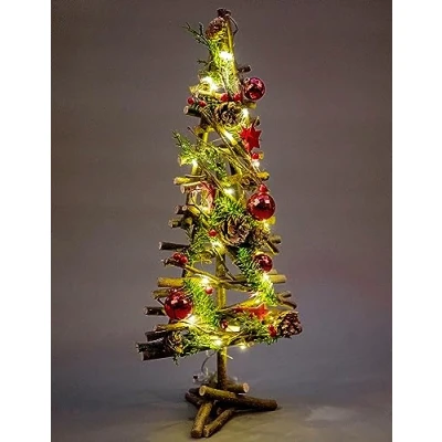 Image of SHATCHI Prelit Battery Operated Christmas Home Hanging Wooden Twigs Base Decorated Baubles,Berries, Foliage,Pine Cones, Micro Rice LED Lights, Wood, Red Stars, Tree 50cm