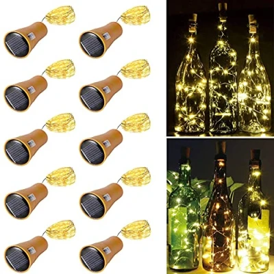 Image of Toifucos Solar Wine Bottle Lights, 10 Pack 20LEDs 2M Copper Cork Shaped Lights Fairy Mini String for Indoor Outdoor DIY, Party, Wedding, Christmas Decor (Warm White)