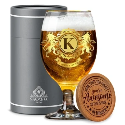 Image of CROWNLY CRYSTAL® Personalised Gifts for Men Beer Glasses Grandad Boyfriend Birthday Presents Dad Husband Brother Mens Gift Set Glass Him (K)