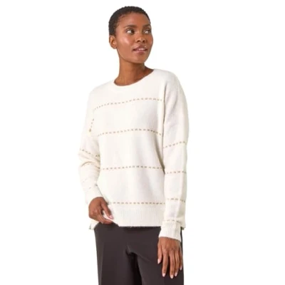 Image of Roman Originals Shimmer Detail Knit Jumper for Women UK Ladies Everyday Autumn Winter Crew Neckline Comfy Soft Evening Vacation Work Party Night Out Ivory Size 12