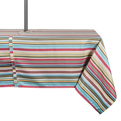 Image of DII Spring &amp; Summer Outdoor Tablecloth, Spill Proof and Waterproof with Zipper Umbrella Hole, Host Backyard Parties, BBQs, Family Gatherings (60x84 Seats 6 to 8) Warm Stripe