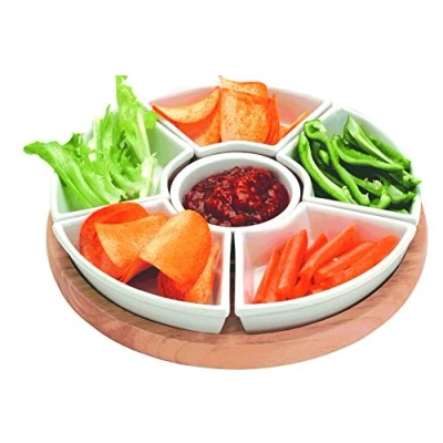 Image of apollo THE HOUSEWARES BRAND Rotating Lazy Susan Dip Set Hevea Wood with 6 Ceramic Dishes Size 35cm Light Brown / White