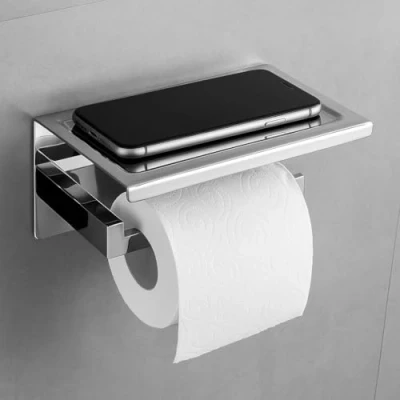Image of Manissa Toilet Roll Holder with Mobile Phone Shelf Wall Mounted Bathroom Accessory Made from 304 Grade Stainless Steel (Mirror Polished Steel)