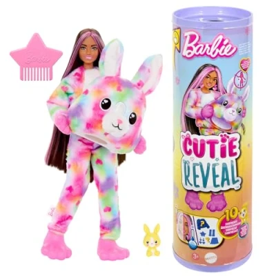 Image of Barbie Cutie Reveal Doll &amp; Accessories with Tie Dyed Bunny Plush Costume 10 Surprises Including Color Change, Dream Series, HRK38