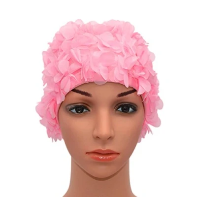 Image of Medifier Lace Vintage Swim cap Floral Petal Retro Style Bathing Caps for Women Rose (Pink)