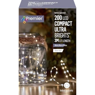 Image of Premier 200 LED Compact Ultra Brights Battery Operated Lights White/Warm White with Silver Wire, Indoor String 3m Lit Length