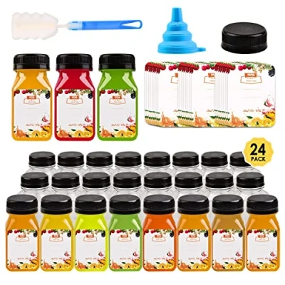 Image of 24pcs 4oz Mini Plastic Juice Bottles with Label, Funnel and Brush, Small Clear Shot Lids for Juicing &amp; Smoothies, Reusable Beverage Drink Containers Fridge, Milk, Water