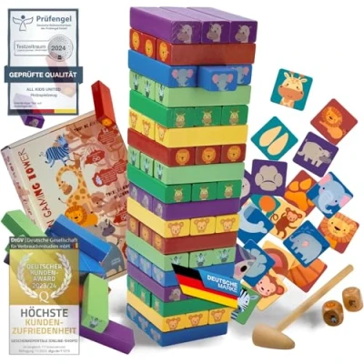 Image of all Kids United Wooden children&#039;s toy from 3 years; Wobble tower stacking game with animal motifs; Montessori learning toy, 54 colourful building blocks