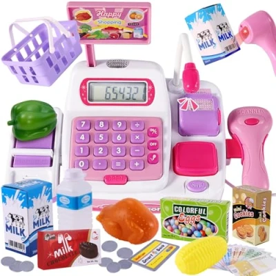 Image of BUYGER 34 Pcs Kids Mini Childrens toy Till for 3 Year Old Boys/Girls, Pretend Cash Register with Scanner Kid, Role Play Money Shopping toddler, Pink, 24*12.5*16cm