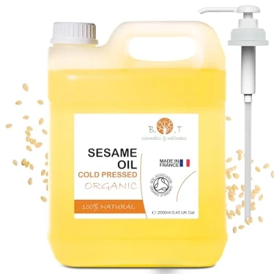 Image of 100% Pure Organic Sesame Oil Cold Pressed, Natural Skincare and Haircare, Certified Organic, Perfect for Ayurveda Massage 2000 ml (67.6 fl oz)