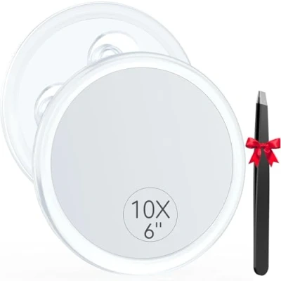 Image of Auxmir Fogless Shower Mirror, 10X Magnifying Suction Cup Mirror for Bathroom, Shatterproof Anti Mist Cosmetic Eyebrows Tweezing, 6in Round Travel Makeup with 3 Strong Cups