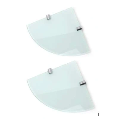 Image of BSM Marketing Set of Two White 180mm (7&quot; Approx) 6mm Thickness Toughened Glass Corner Shelves for Bathroom Bedroom Office with Chrome Finish Shelf Supports