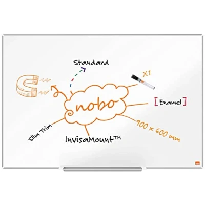 Image of Nobo Enamel Magnetic Whiteboard With Pen Tray, 900 x 600mm, Slim Trim Frame, InvisaMount Mounting System, Impression Pro, 90 60cm, White, 1915395