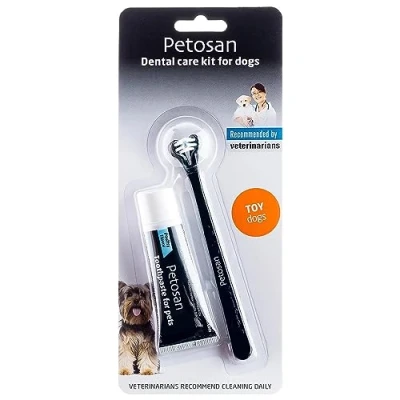 Image of Petosan Dental Care Kit for Toy Dogs Double Headed Dog Toothbrush and Toothpaste Set (0 3kg) Plaque Tartar Removal, Fresh Breath, Recommended by Vets, Poultry Flavour.