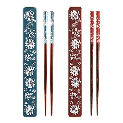 Image of 2 Pairs Chopsticks Portable Set with Case Reusable Natural Wooden Japanese Style Eco Friendly for Sushi Noodle Picnic Kitchen Blue and Red White