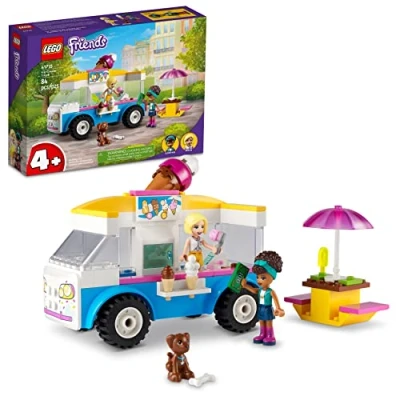Image of LEGO Friends Ice Cream Truck Building Toy 41715 Summer Fun Vehicle Set, Pretend Play Gift for Kids Girls Boys Age 4+ Featuring Van, Andrea &amp; Roxy Mini Dolls, Dog and Accessories