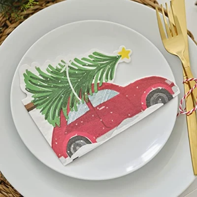 Image of Ginger Ray Red Car &amp; Christmas Tree Paper Party Napkins Tableware 16 Pack