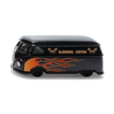 Image of siku 2363, VW T1 Transporter Custom, 1:50, Toy Car, Metal/Plastic, Black/Orange, Tow Hitch, Elaborate Printing, Opening Doors