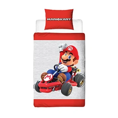 Image of Character World Nintendo Mario Kart Official Single Duvet Cover Set Reversible 2 Sided Bedding Including Matching Pillow Case Brands Kids Bed Red and Grey Close Up Range