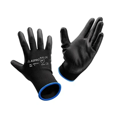 Image of ASPRO 10 Pairs Work and Gardening Gloves Black Nylon PU Coated Workwear for Builder, Gardener, Mechanic, Construction, Warehouse etc Size 8 (M)