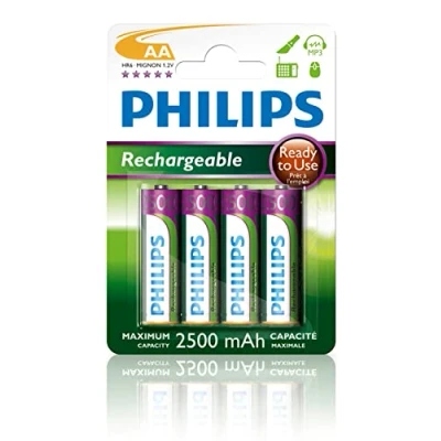 Image of PHILIPS AA Batteries HR03 Rechargeable NiMH 1.2V 500 Recharges 2500mAh