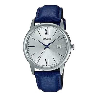 Image of Casio MTP V002L 2B3 Men&#039;s Standard Dress Analog Blue Leather Band Silver Dial Date Watchh