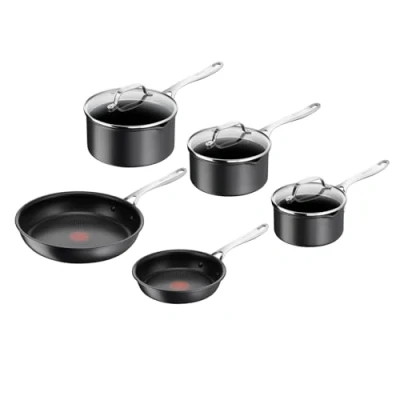Image of Tefal Jamie Oliver Cook&#039;s Direct 5 Piece Non Stick Pan Set, 20 and 28 cm Frying Pans, 16&amp;18&amp;20 Saucepan with Lid, Heat Indicator, Riveted Safe Grip Handle, Induction Hob Compatible, E017S555