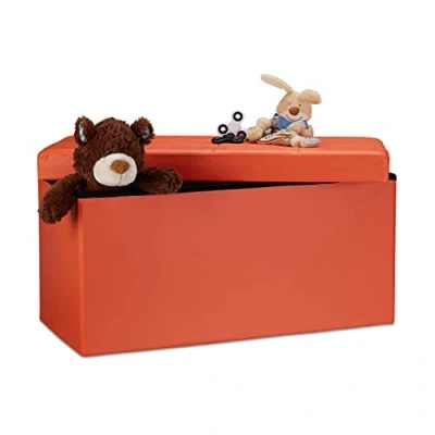 Image of Relaxdays Folding Storage Bench, Faux Leather, 38 x 78 cm, Foldable Footstool Ottoman, 300kg, 2 Seater, Orange