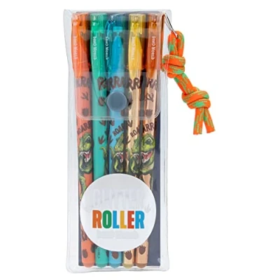 Image of Depesche 11386 Dino World Glitter Set of 5 Gel Pens in Gold, Bronze, Orange, Blue and Green for Writing Decorating