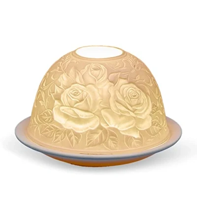 Image of Porcelain Dome Candle Holder in a Rose design Tealight Handcrafted shaped Unglazed Finish White