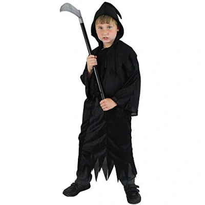 Image of HENBRANDT Children’s Death Reaper with Hood Fancy Dress Costume Grim Spectre of Dark Phantom Spooky Kids Size Large Ages 10 12 Halloween for Boys and Girls 