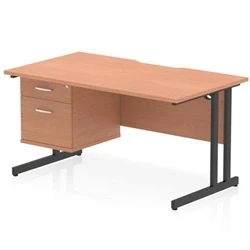 Image of Impulse 1400 x 800mm Scalloped Edge Straight Office Desk Beech Top Black Cantilever Leg Workstation 1 2 Drawer Fixed Pedestal