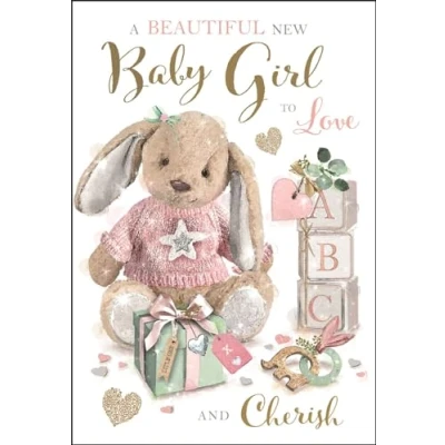 Image of Jonny Javelin New Baby Girl Birth Congratulations Card Beautiful Bunny Rabbit and Toys Special Finishes Illustrated Insert Leaf Made in the UK,197 x 133mm